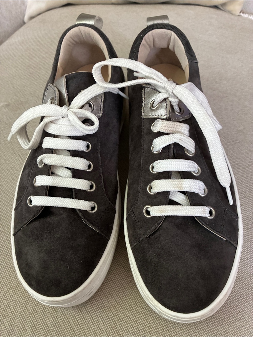 Mint Velvet Women's Suede Platform Sneakers in Dark Gray with White Laces